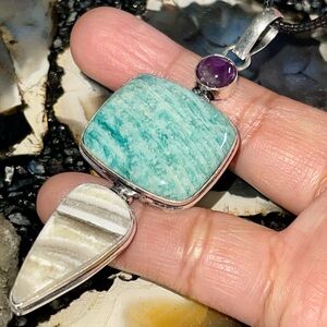 Amazonite, Calcite & Amethyst Pendant 3”